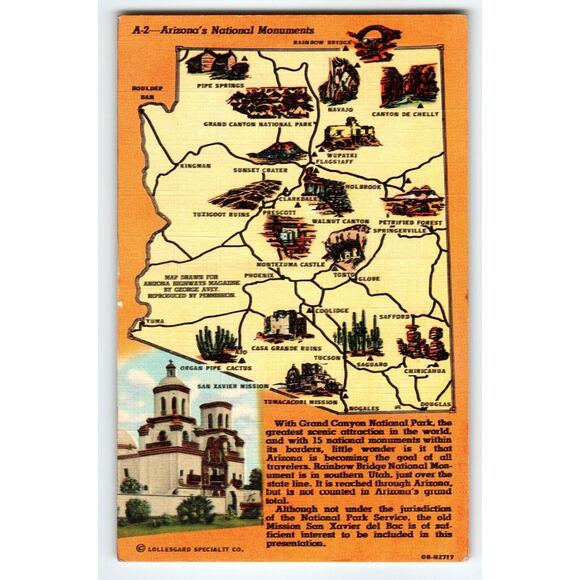 Arizona National Monuments Map Postcard State Postcard 1942 Curt Teich Linen - Picture 1 of 2